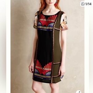 This is a Ranna Gill for Anthropologie Fanned Vignette Embroidered Shift Dress.